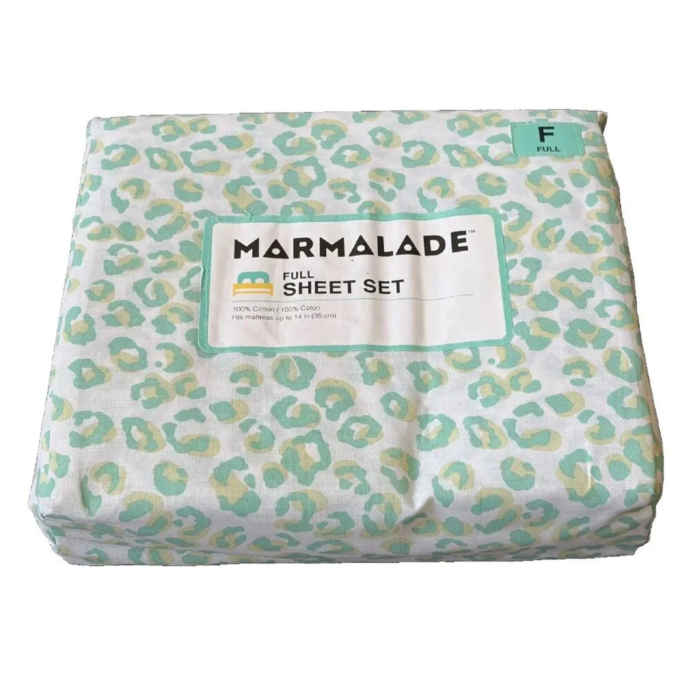 new Marmalade brand Lightweight 100% Cotton Full Sheet Set in Mint Green Leopard